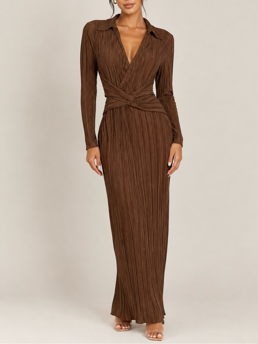 Pretty Little Thing Brown Pleated Maxi Dress